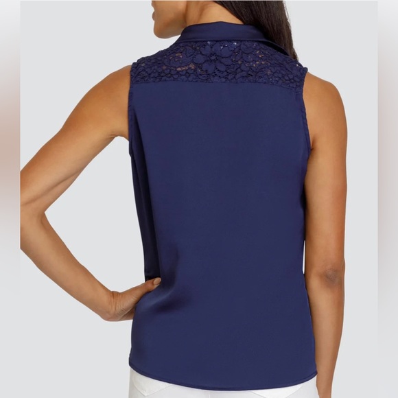 On The Go (OTG) Noel Navy Blue Sleeves Collard Button Up Lace Detail Blouse NWT - Picture 3 of 8